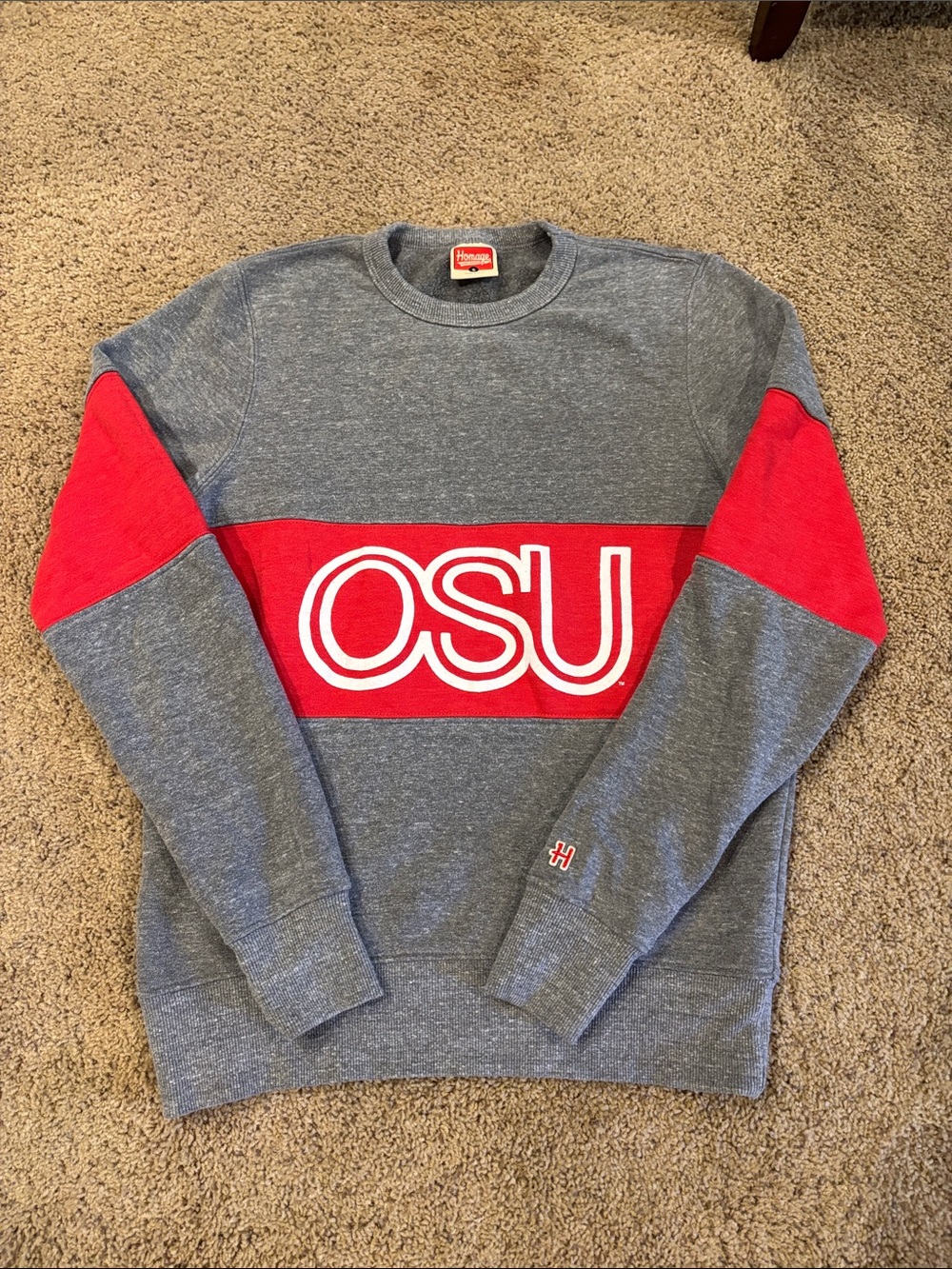 HOMAGE Gray and Red OSU Stripe Crewneck Sweatshirt, size S